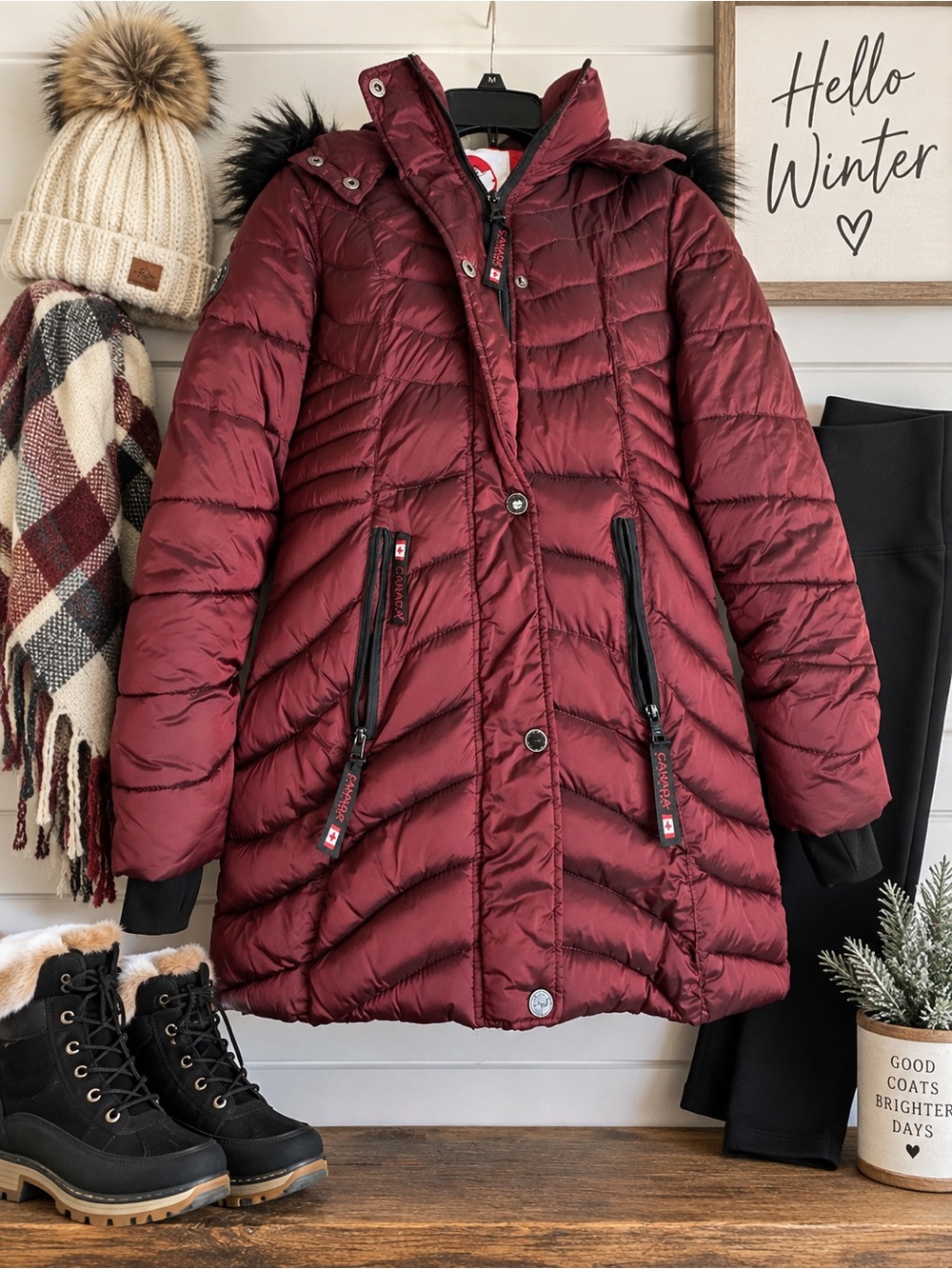 Maroon Quilted Long Puffer Coat with Faux-Fur Trim Hood